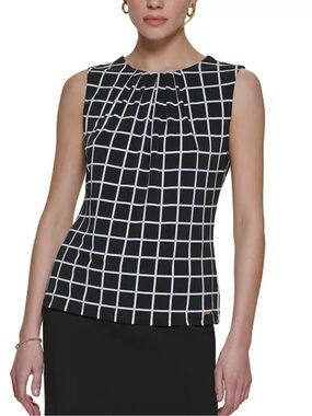 Calvin Klein Womens Printed Sleeveless Top Size 3X Pleated Neck Black Office